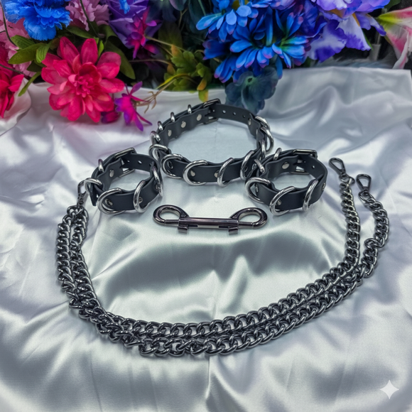 Metallic chain dog collar and leash set on a white fabric background with flowers.